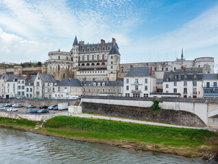 Royal Chateau at Amboise on the banks of Loire River (France). Spring urban view.
