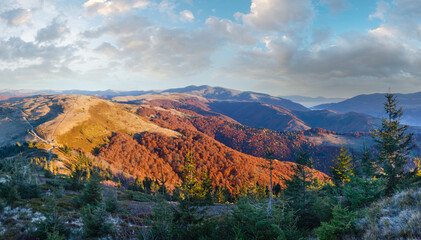 Sunrise in autumn Carpathian. Mountain top daybreak landscape with colorful trees on slope.