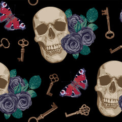 Seamless pattern with human skulls, roses, butterfly peacock eye and vintage keys. Vector background with sinister smiling skulls. Graphic print for clothes, fabric, wallpaper, wrapping paper
