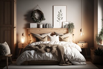 Bedroom interior with comfortable beds, pillows, blankets, 3D rendering pictures and plants.