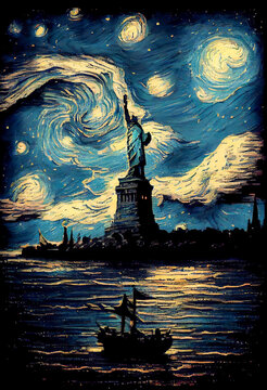 Starry Night - Statue of Liberty - New York - Generative AI