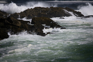 Ocean waves crashing on a rocky shore