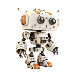 Cute Little White, Orange, and Black, Robot Assistant Isolated On Transparent Background