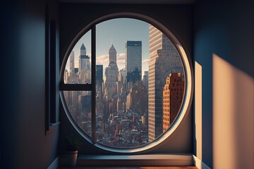 cityscape or skyscraper view through a window, concept of Urbanization and Perspective, created with Generative AI technology