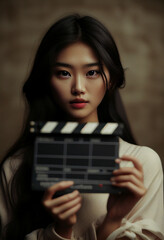 Movie actor audition portrait with clapperboard, young asian woman looking at camera. Generative AI