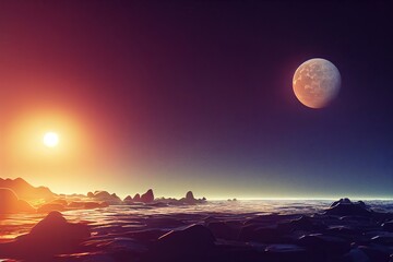 Sunrise on alien planet, winter landscape, night sky with full moon, ai generative illustration
