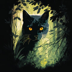 Awesome Black CatStalking Prey in the Forest with Leaves and Vines
