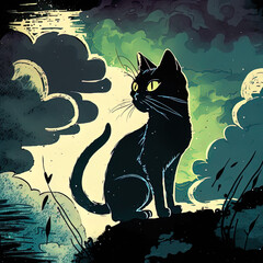 Cartoon Shadowy Black Cat with Whispy Clouds and Artistic Elements