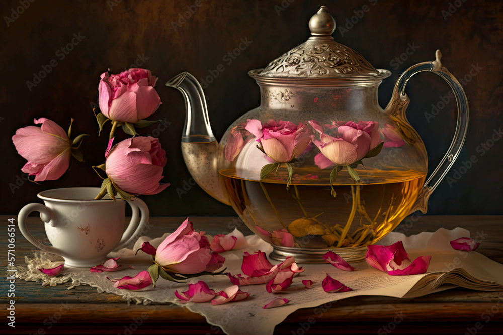 Canvas Prints tea preparation from fresh rose petals in grandmother's teapot, generative ai