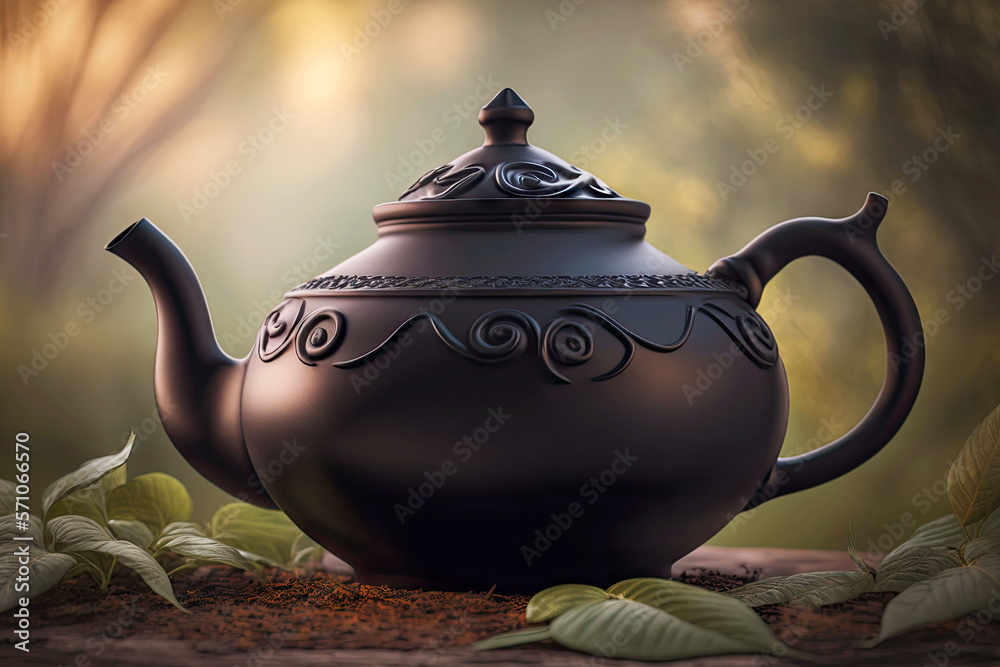 Canvas Prints classic black teapot with tea leaves on blurred background, generative ai