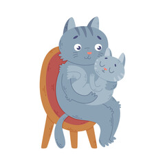  at family. Cat parent hugging its lovely baby. Happy parenthood cartoon vector illustration