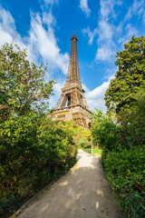 Eiffel Tower seen from the park on sunny day in Paris. France