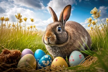 Easter bunny with eggs on a meadow in spring generative ai