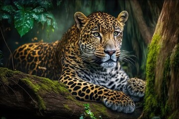 Fototapeta na wymiar Leopard relax in the rain forest on the timber with moss and looking camera generative ai