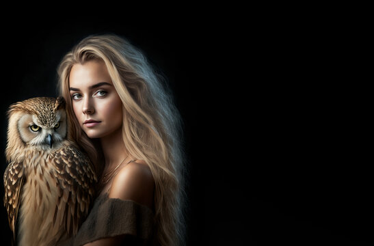  Beautiful blonde model pagan woman holding an owl very close to her, on a dark background. Model is making eye contact while holding a bird of prey. Image created with generative ai