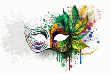 Venetian mask carnival colorful splash art masquerade mardi gras banner copy space on white illustration generative ai - obrazy, fototapety, plakaty