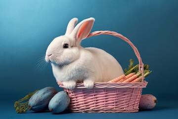 White Easter bunny rabbit with shopping basket and painted eggs on blue and pink background generative ai