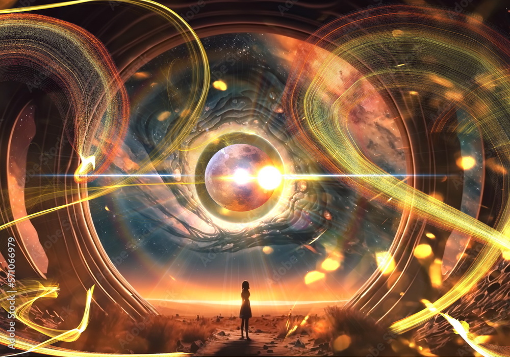 Wall mural esoteric world earth and sun light flares on cosmic space and people silhouette starry night sky neb