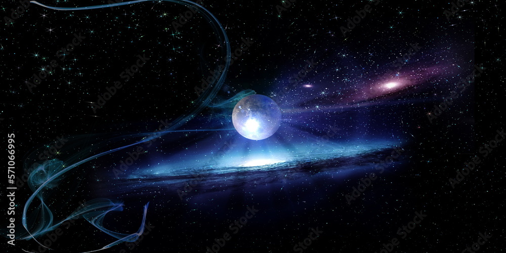 Wall mural esoteric world earth and sun light flares on cosmic space and people silhouette starry night sky neb
