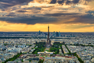 Fototapeta na wymiar Aerial sunset view of Paris with Eiffel Tower. France