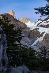 Beautiful Glaciar Piedras Blancas with lagoon in the first morning light while hiking to Laguna de los Tres and Mount Fitz Roy in Patagonia, Argentina, South America 