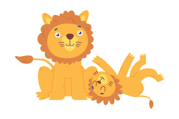 Lion family. Lion parent playing and having fun with its baby. Happy parenthood cartoon vector illustration