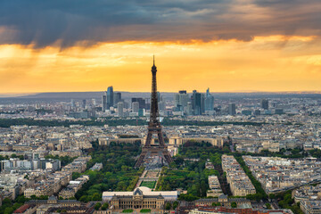 Fototapeta na wymiar Aerial sunset view of Paris with Eiffel Tower. France