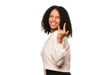 Young african american curly woman isolated showing rock gesture with fingers