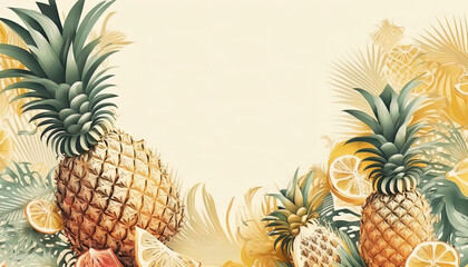 Fototapeta premium Top view photo of tropical fruits cracked coconuts pineapple cut oranges and palm leaves on isolated yellow background with empty space. Made with Generative Ai