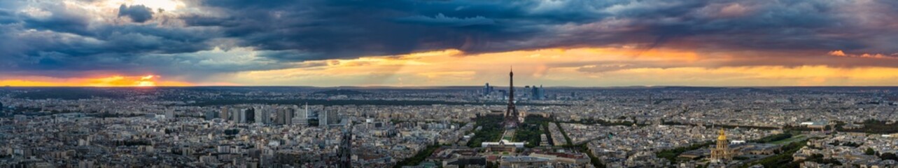 Fototapeta na wymiar Aerial sunset ultra panorama of Paris with Eiffel Tower, France