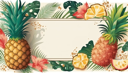Top view photo of tropical fruits cracked coconuts pineapple cut oranges and palm leaves on isolated yellow background with empty space. Made with Generative Ai