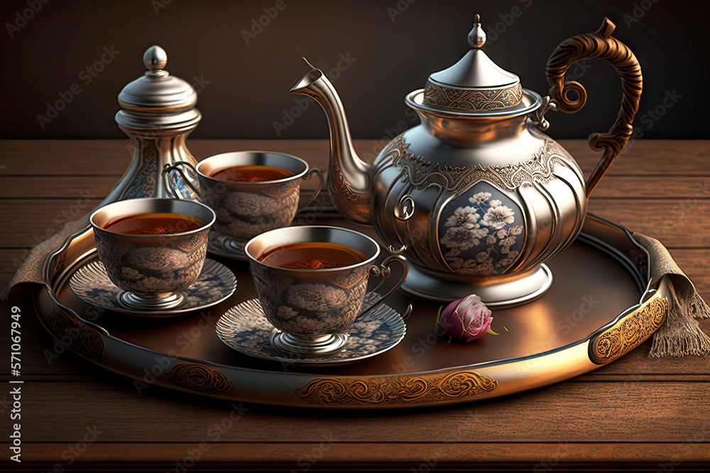 Wall mural tea service with teapot set on tray, generative ai