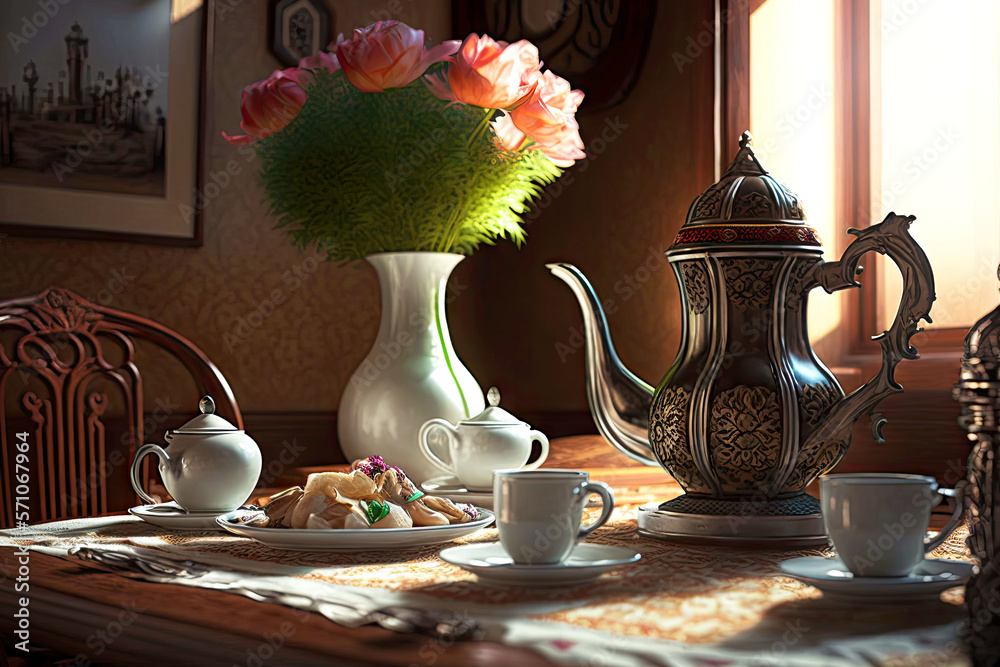 Wall mural breakfast table in oriental hairdressing salon with flowers and tea pot, generative ai