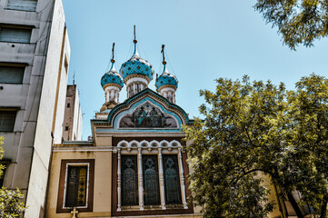 Fototapeta na wymiar Buenos Aires, Argentina - December 21, 2022: Cathedral of the Most Holy Trinity, an Eastern Orthodox church building in in the region of San Telmo, Buenos Aires Argentina. 