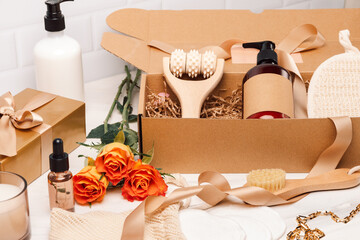 Valentines Day Mother's Day March 8 gift. Gift set Body care and face care beauty products bath set order on line. spa Lotion, essential oil, cream, massage brushes and anti-cellulite