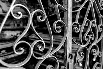 Buenos Aires, Argentina - December 21, 2022: Details of wrought iron fencing in La Recoleta Cemetery in Buenos Aires Argentina.
