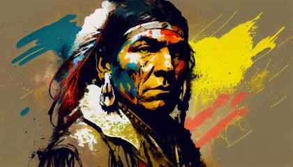 Native American Indian chief. Painting portrait, artwork. Generative AI