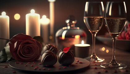 Valentine's day celebration with champagne, roses and chocolate