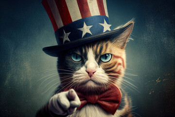 Cat in usa flag hat pointing you like uncle sam, concept of Patriotic and Humor, created with Generative AI technology - obrazy, fototapety, plakaty