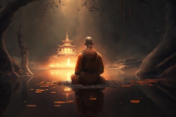 Monk meditating in a temple. Generative AI. - obrazy, fototapety, plakaty