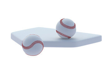 Baseball balls near base isolated on white background. Sports equipment. 3d render