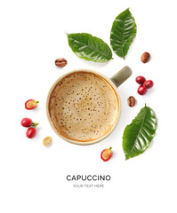 Creative layout made of coffee and coffee beans on white background. Flat lay. Food concept. Macro  concept.