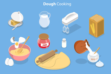 3D Isometric Flat Vector Conceptual Illustration of Dough Cooking, Preparation Homemade Pastry or Baking