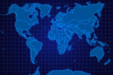 Fototapeta na wymiar World map on a blue grid screen