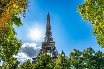 Eiffel Tower between trees in Paris. France