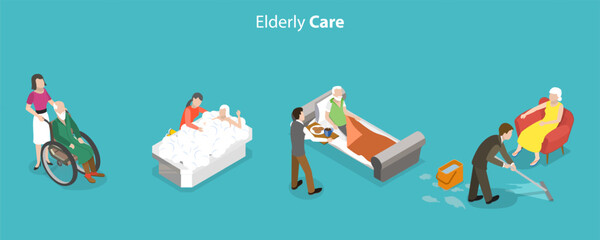 3D Isometric Flat Vector Conceptual Illustration of Elderly Care, Caregivers Assisting Seniors