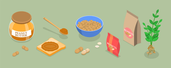 3D Isometric Flat Vector Set of Peanut Snacks, Healthy Energy Food