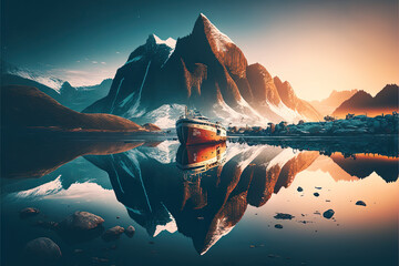 Beautiful snowy mountains reflected in the lake AI