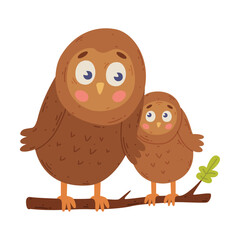 Owl family. Owl parent with its baby. Happy parenthood cartoon vector illustration i