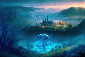 Fototapeta na wymiar Fantasy village covered in mist and blue glow AI